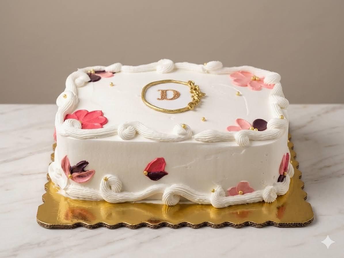 Pastel cuadrado cubierto de crema blanca con grecas de duya, pétalos y flores de crema en rosa y vino, perlas doradas y un monograma dorado al centro.